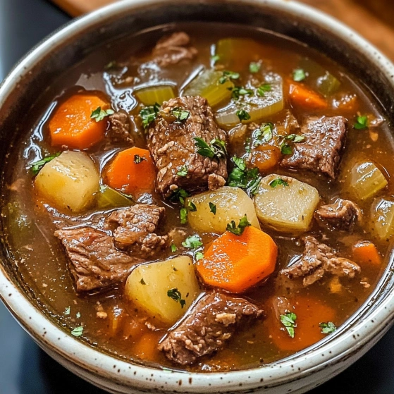 A bowl of stew with meat and vegetables.