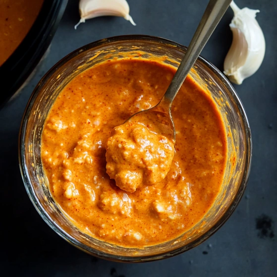 A spoon is in a bowl of soup.