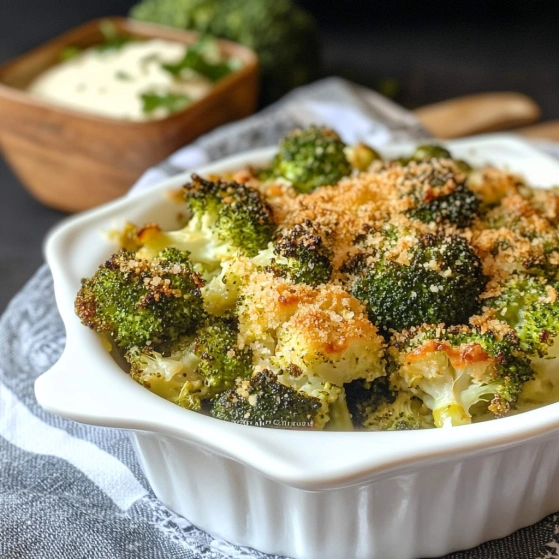 A bowl of broccoli with cheese and breadcrumbs.