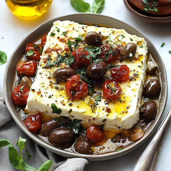 A bowl of food with tomatoes and olives.