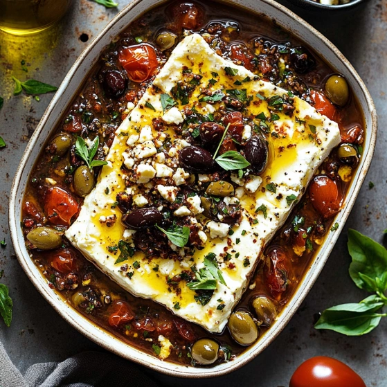 A bowl of food with olives and tomatoes.