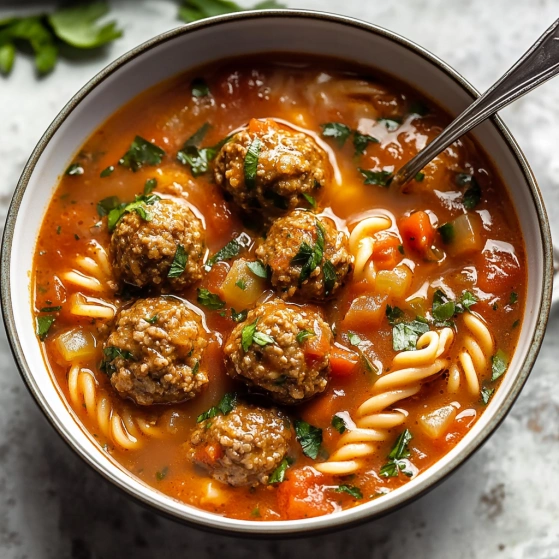 A bowl of soup with meatballs and noodles.
