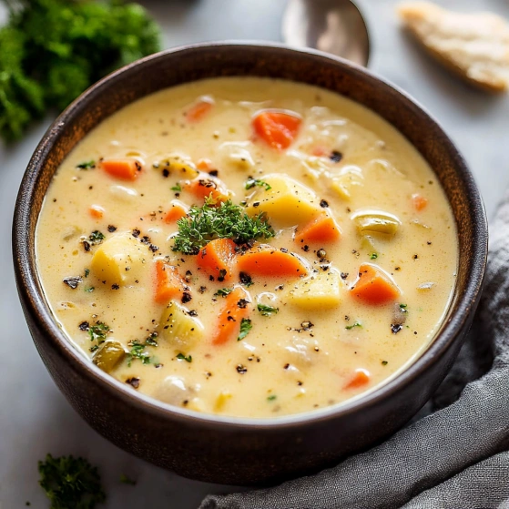 A bowl of soup with carrots and herbs.