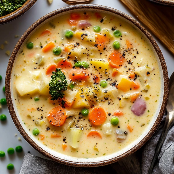 A bowl of soup with carrots and peas.