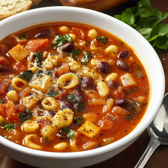 A bowl of soup with pasta and vegetables.