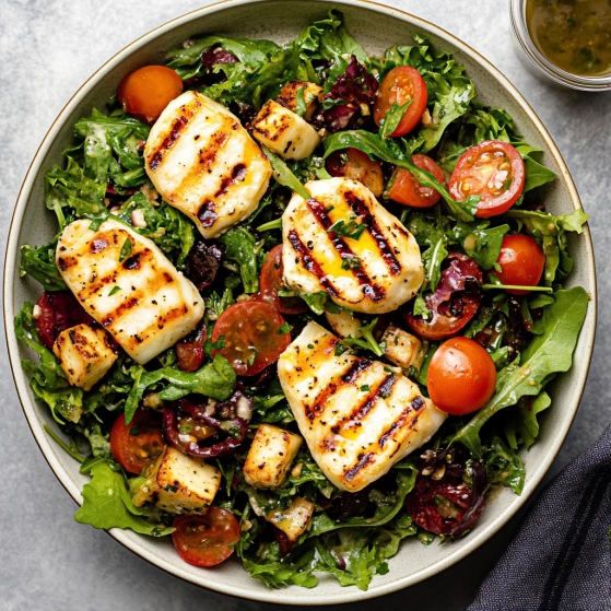 A bowl of salad with grilled chicken and tomatoes.