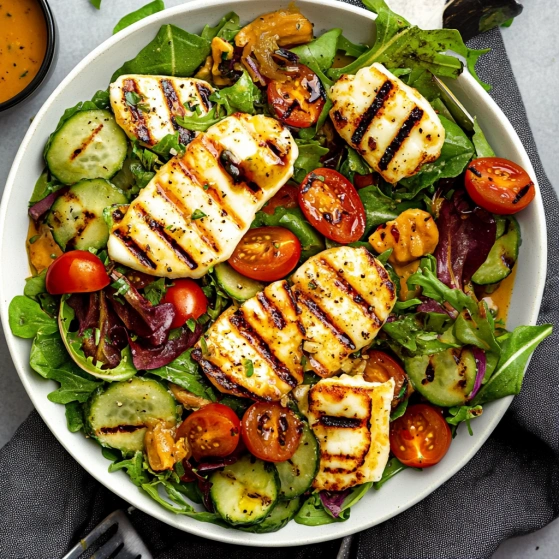 A plate of food with chicken, tomatoes, cucumbers, and lettuce.