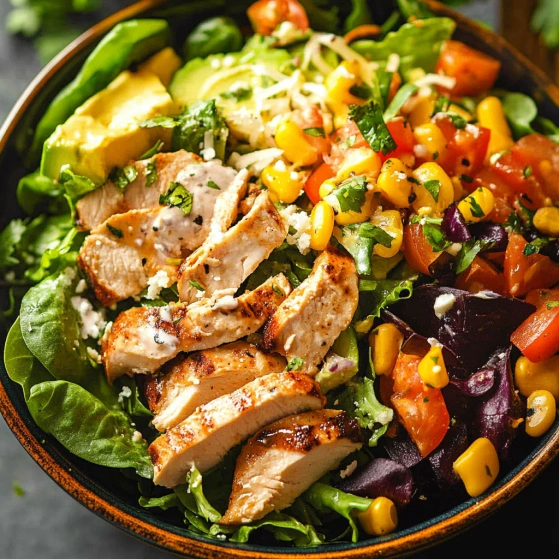 A bowl of salad with chicken, tomatoes, lettuce, and corn.