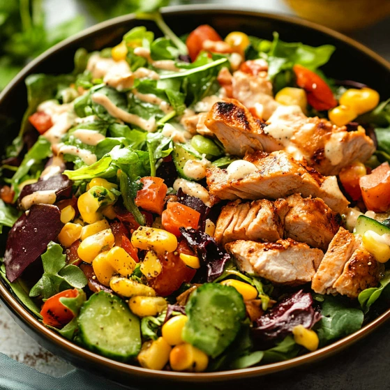 A bowl of salad with chicken and vegetables.
