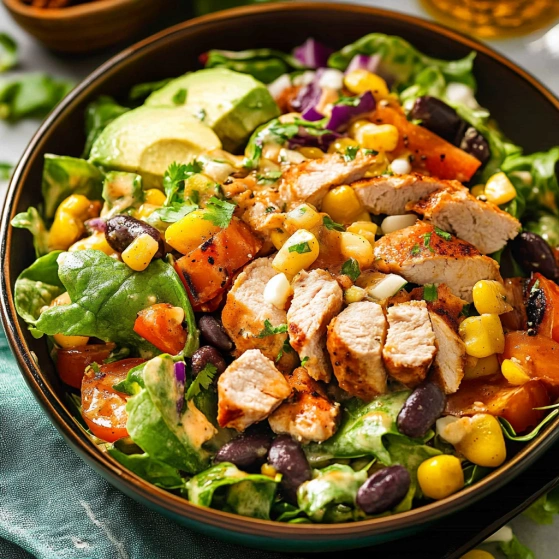 A bowl of salad with chicken and avocado.
