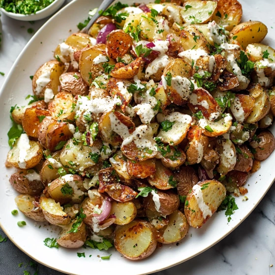 A plate of potatoes with white sauce.