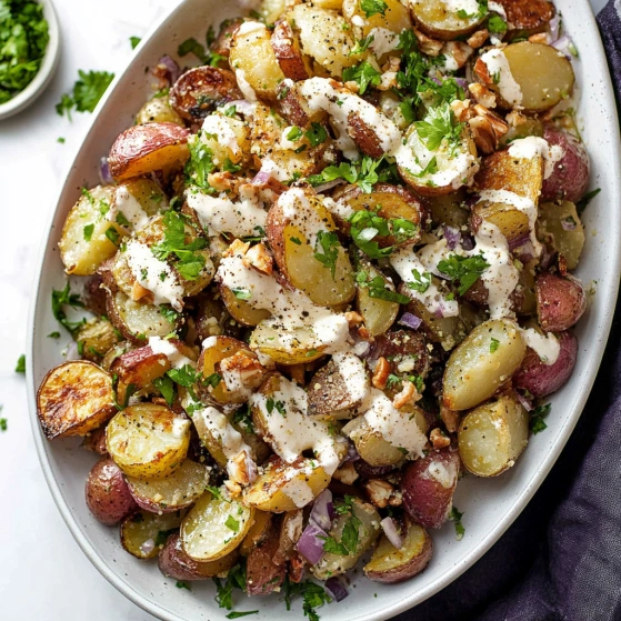 A bowl of potatoes with a white sauce.
