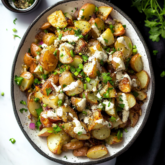 A bowl of potatoes with cheese and herbs.