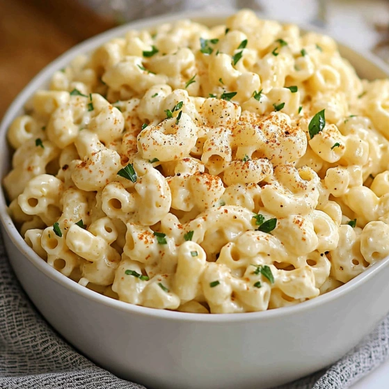 A bowl of macaroni and cheese with green herbs on top.