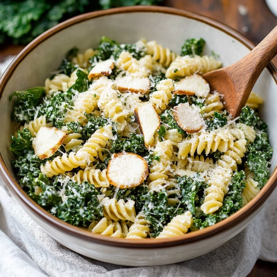 A bowl of pasta with cheese and spinach.