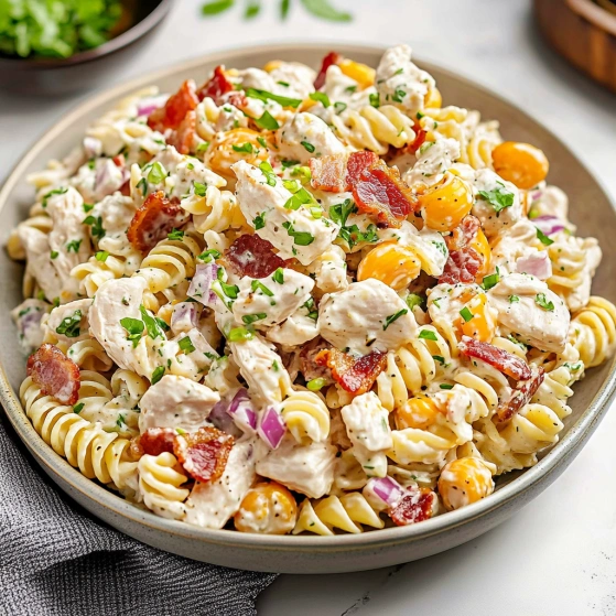 A bowl of pasta with chicken and vegetables.