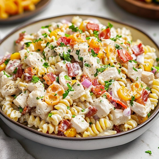 A bowl of pasta with chicken and tomatoes.