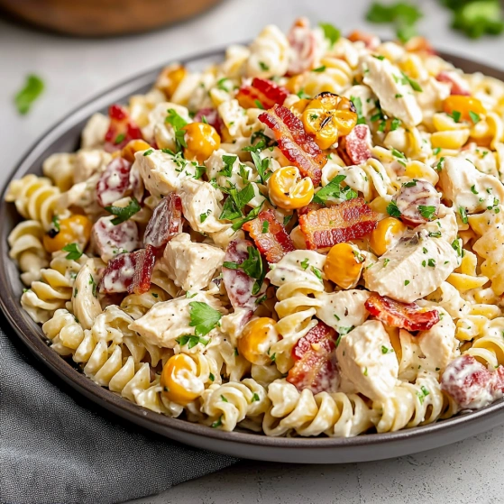 A bowl of pasta with chicken and vegetables.
