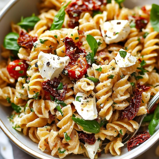A bowl of pasta with tomatoes and cheese.