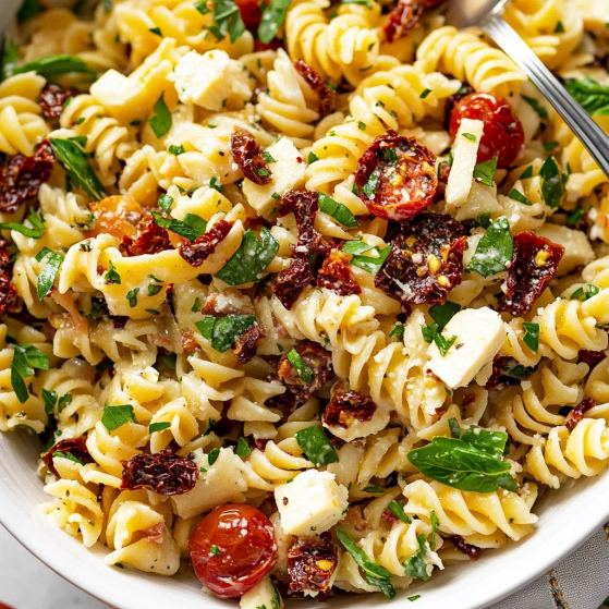 A bowl of pasta with tomatoes and cheese.