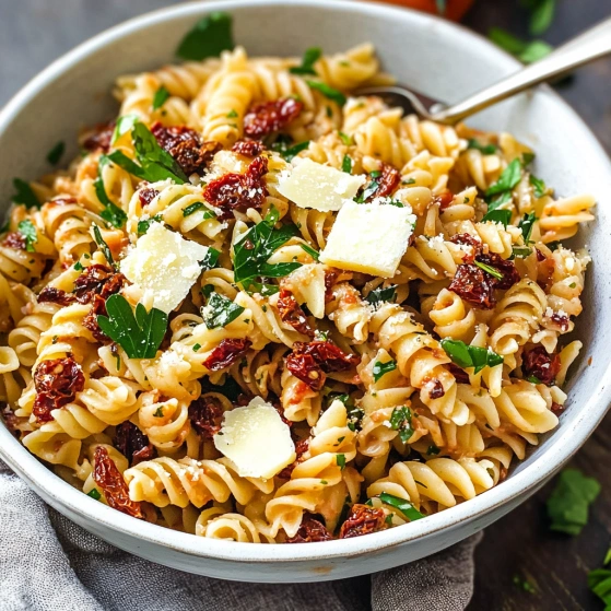 A bowl of pasta with cheese and tomatoes.