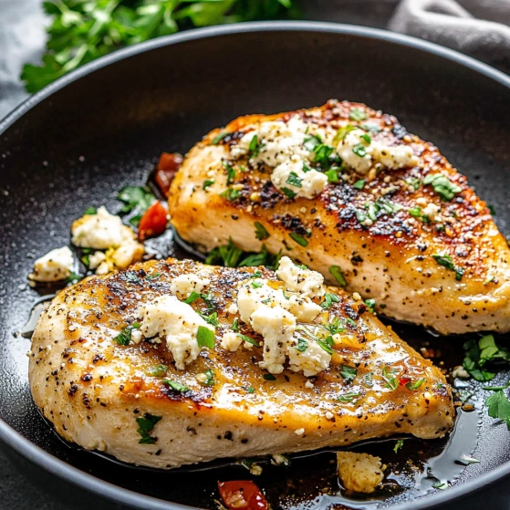 Two pieces of chicken with blue cheese and herbs.