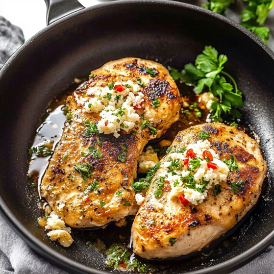 Chicken with blue cheese and red peppers.