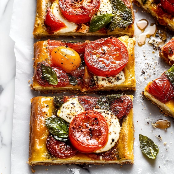 A slice of pizza with tomatoes and cheese.