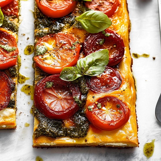 A slice of pizza with tomatoes and basil.