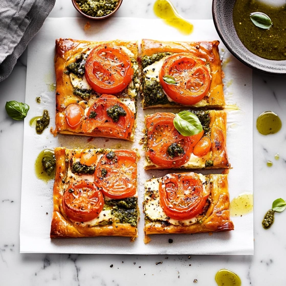 A pizza with tomatoes and basil on a white plate.