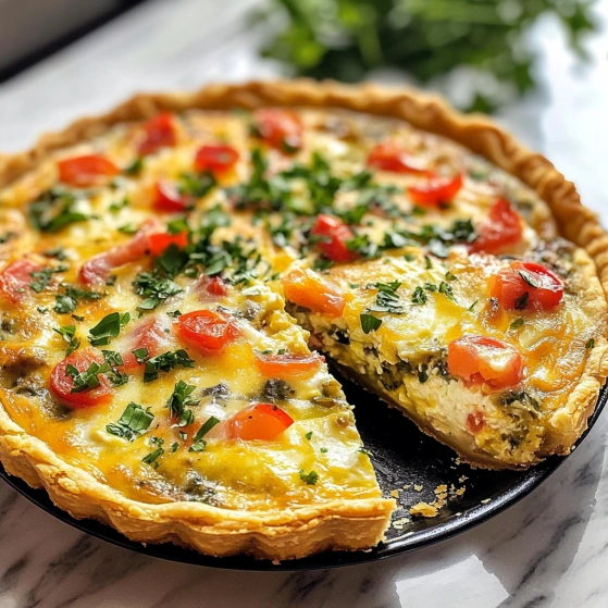 A slice of quiche with tomatoes and spinach.