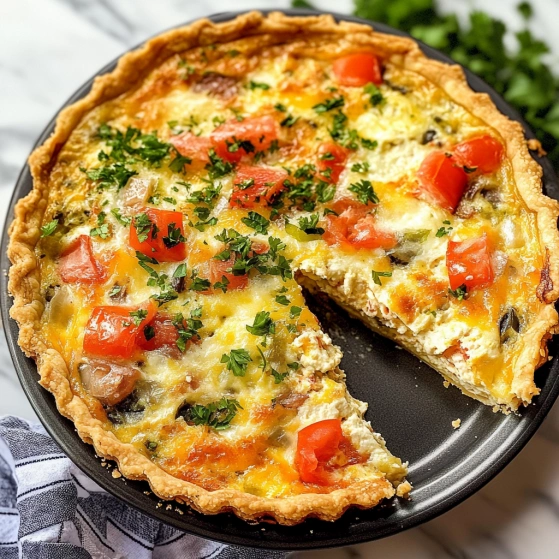 A slice of quiche with tomatoes and herbs.