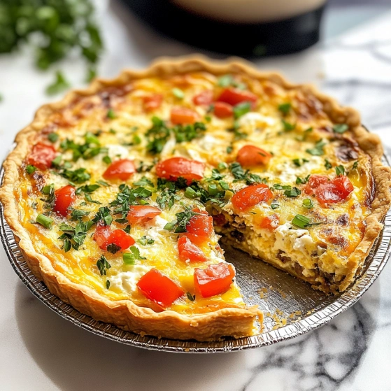 A slice of quiche with tomatoes and cheese.