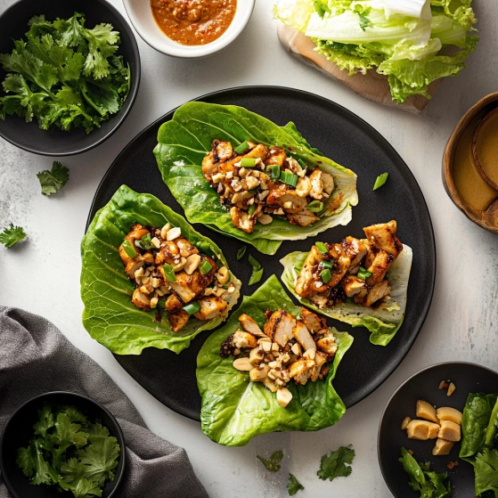 A plate of food with lettuce wraps and a bowl of sauce.