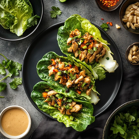 A plate of food with lettuce wraps and a bowl of sauce.
