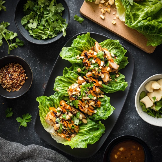 A plate of food with lettuce and meat.