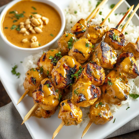 A plate of food with rice and meat on a stick.