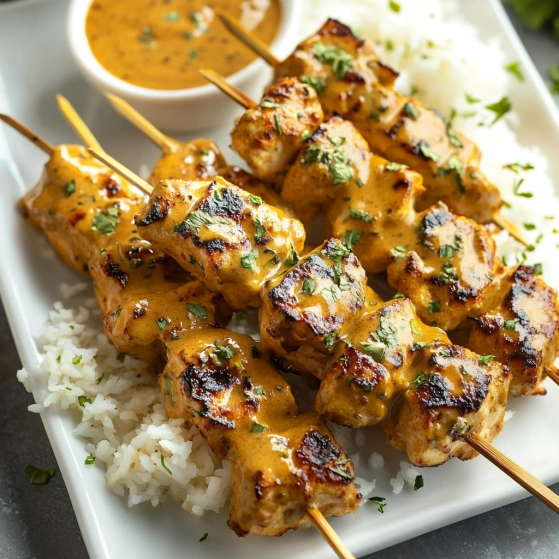 A plate of meat skewers with a dipping sauce.