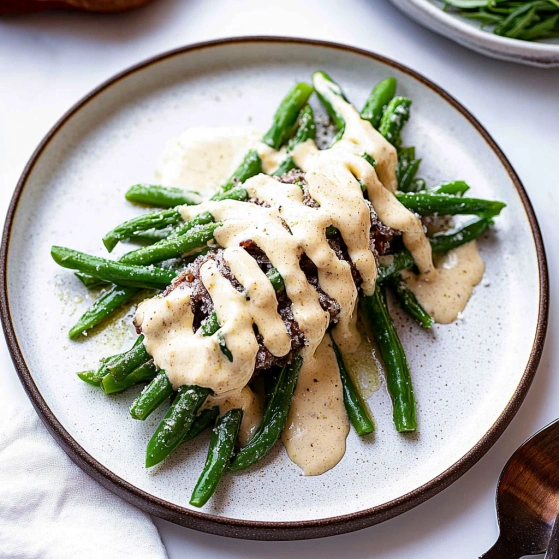 A plate of food with green beans and meat.