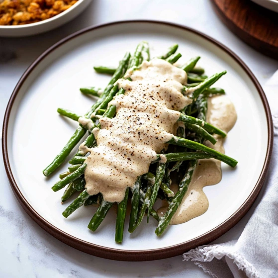 A plate of green beans with white sauce.
