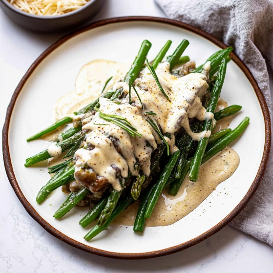 A plate of food with green beans and sauce.