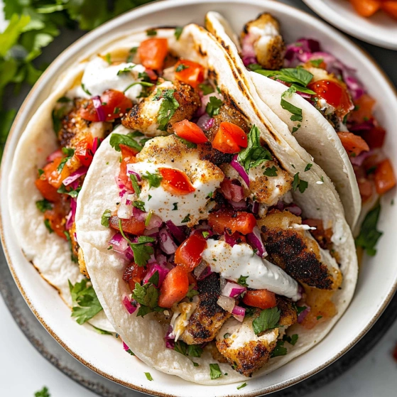 A bowl of food with chicken, tomatoes, and onions.