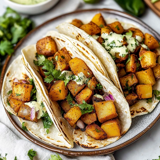 Two tacos with potatoes and sour cream.