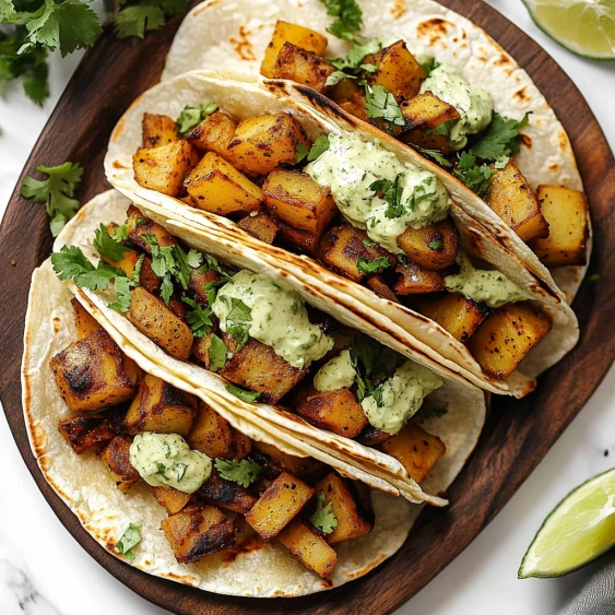 Two tacos with potatoes and sour cream.