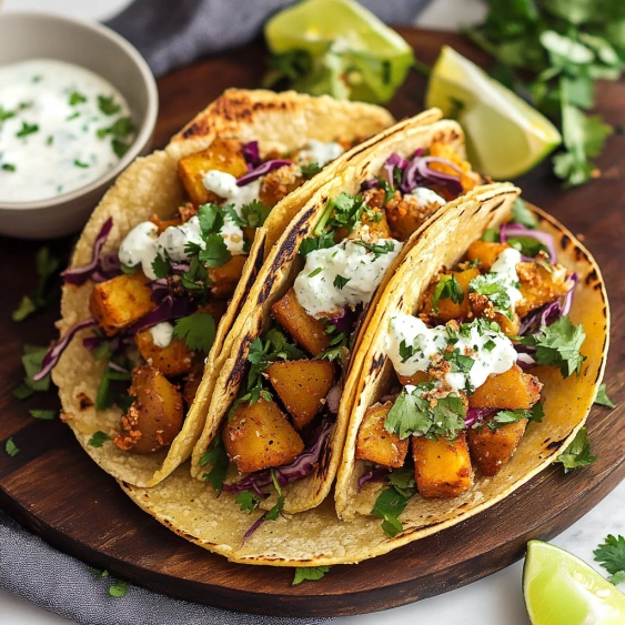 Two tacos with white sauce and vegetables on a wooden cutting board.