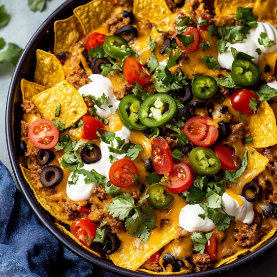 A bowl of nachos with jalapenos, tomatoes, and black olives.