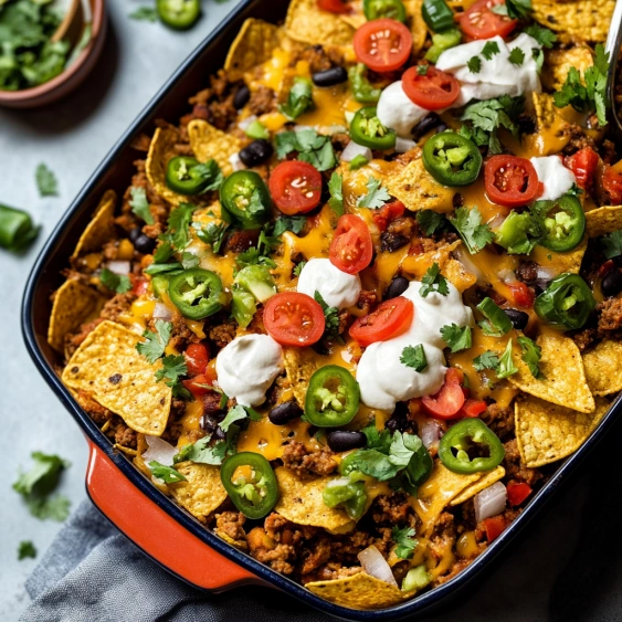 A dish of nachos with white cheese and jalapenos.