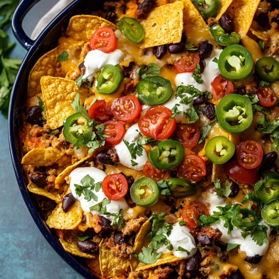 A bowl of nachos with white cheese and jalapenos.