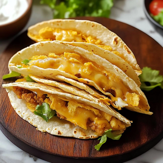 Two tacos with cheese and chicken on a wooden board.