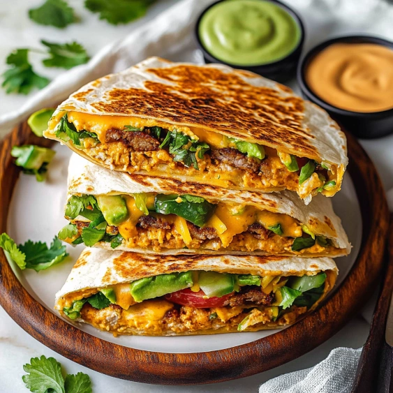 A stack of three burritos with guacamole and salsa.